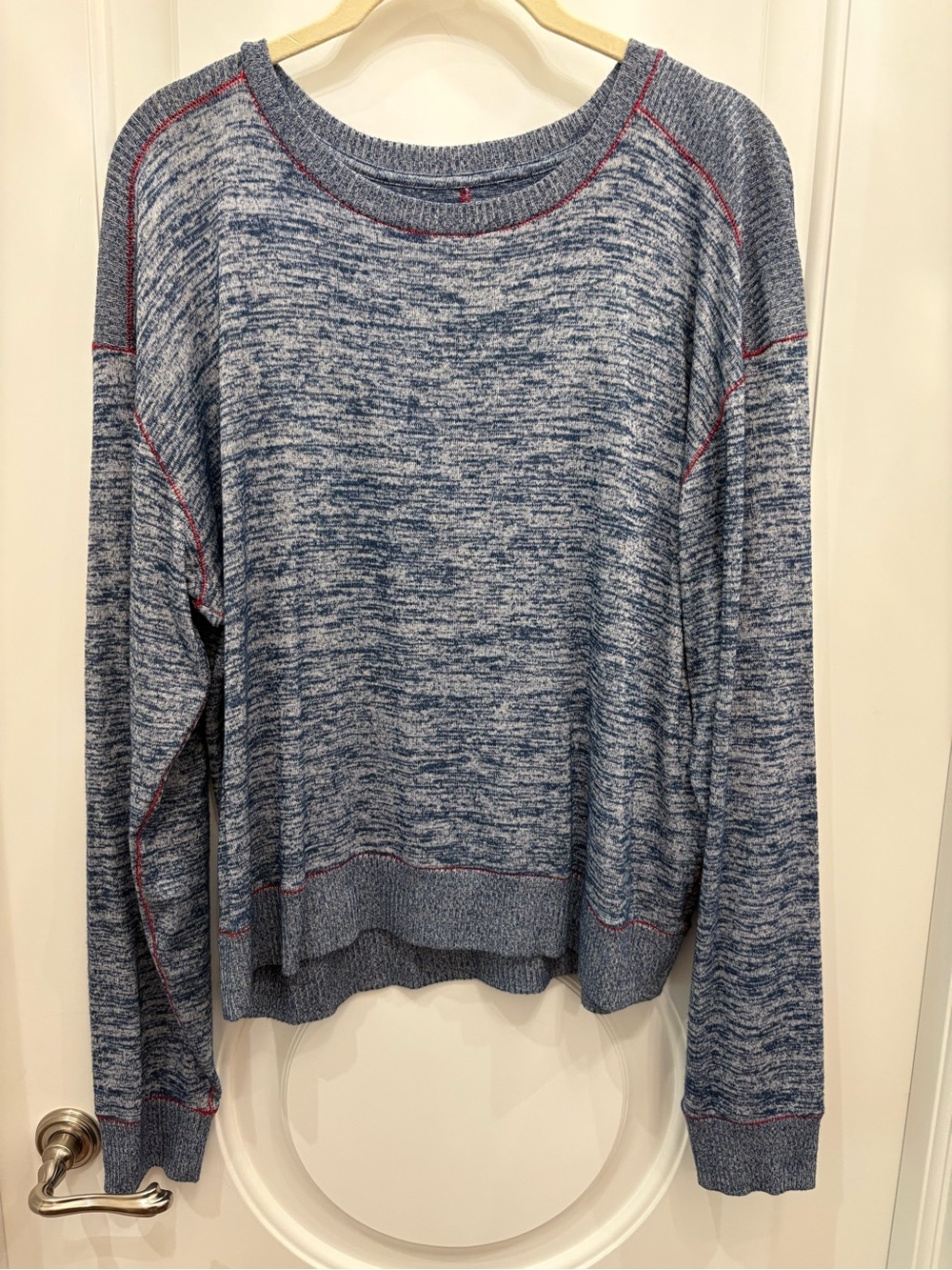rag & bone Blue Marled Crewneck Sweater with Red Stitching